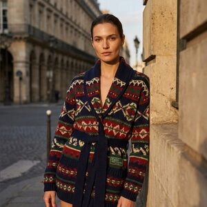 Vintage Ralph Lauren Polo COUNTRY Hand‎ Knit Wool Shawl Cardigan Belted M